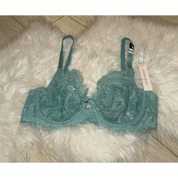 Victorias Secret Dream Angels Unlined Demi Bra Lace Metallic UW 34D Green New - Picture 1 of 7